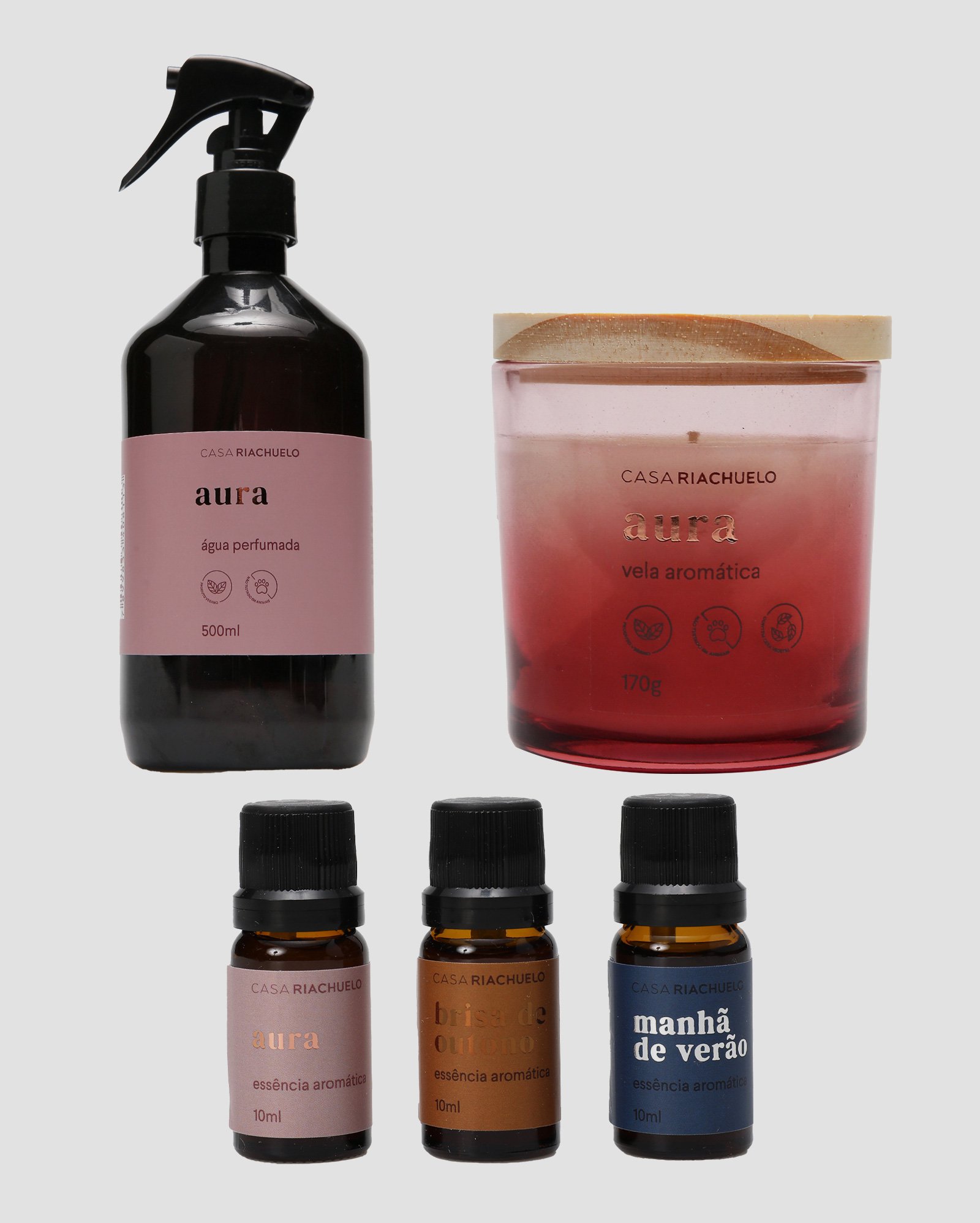 Kit essências 10ml cada + água perfumada 500ml + vela aromática 170g Aura | Casa Riachuelo