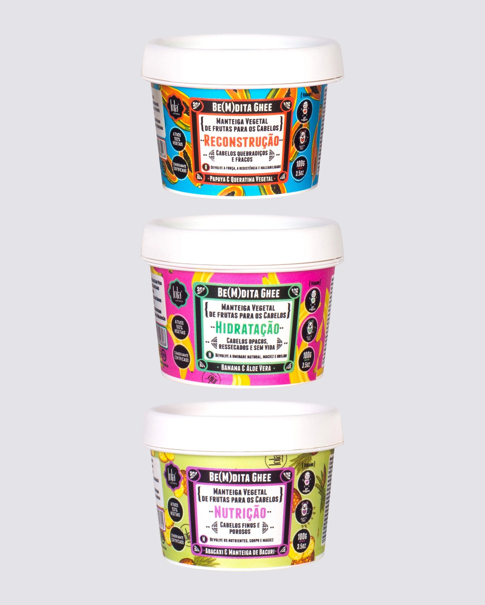 Kit máscara Bemdita Ghee 3 tipos Papay Banana e Abacaxi 100g cada | Lola Cosmetics