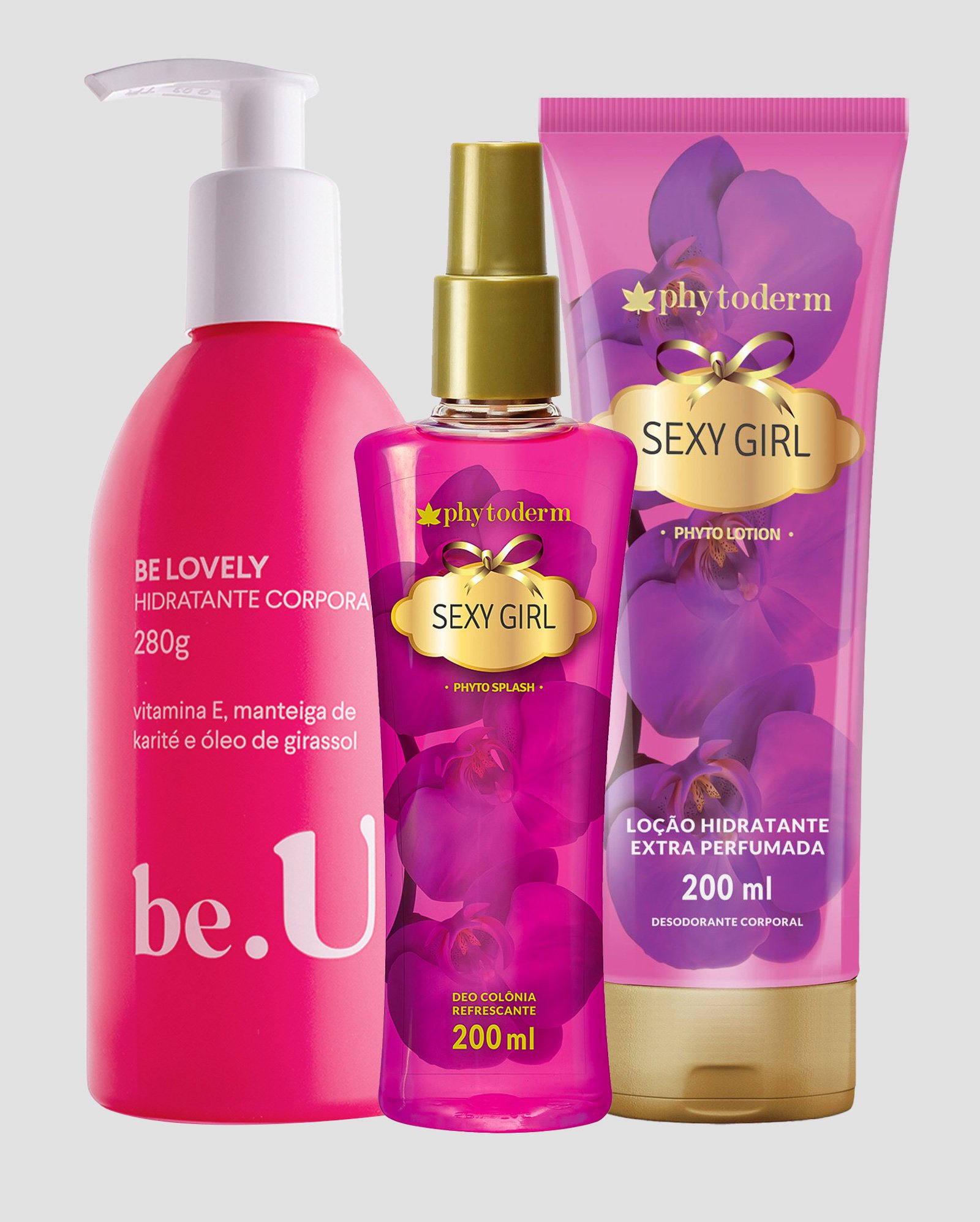 Kit body splash 200ml + hidratante Sexy Girl 200ml + hidratante Be Lovely 280g | Phytoderm