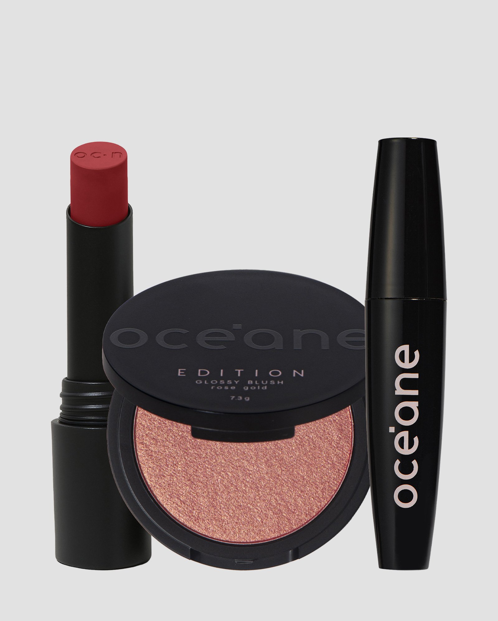 Kit blush Glossy Edition 7,3g + batom lipstick Red Kiss 3,2g + máscara para cílios Drama Lash 6g | Océane
