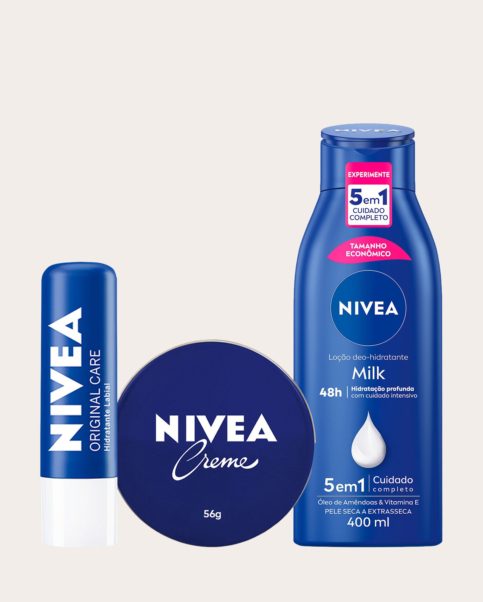 Kit creme hidratante 56g + hidratante labial 4,8g + loção hidratante Milk 400ml | Nivea