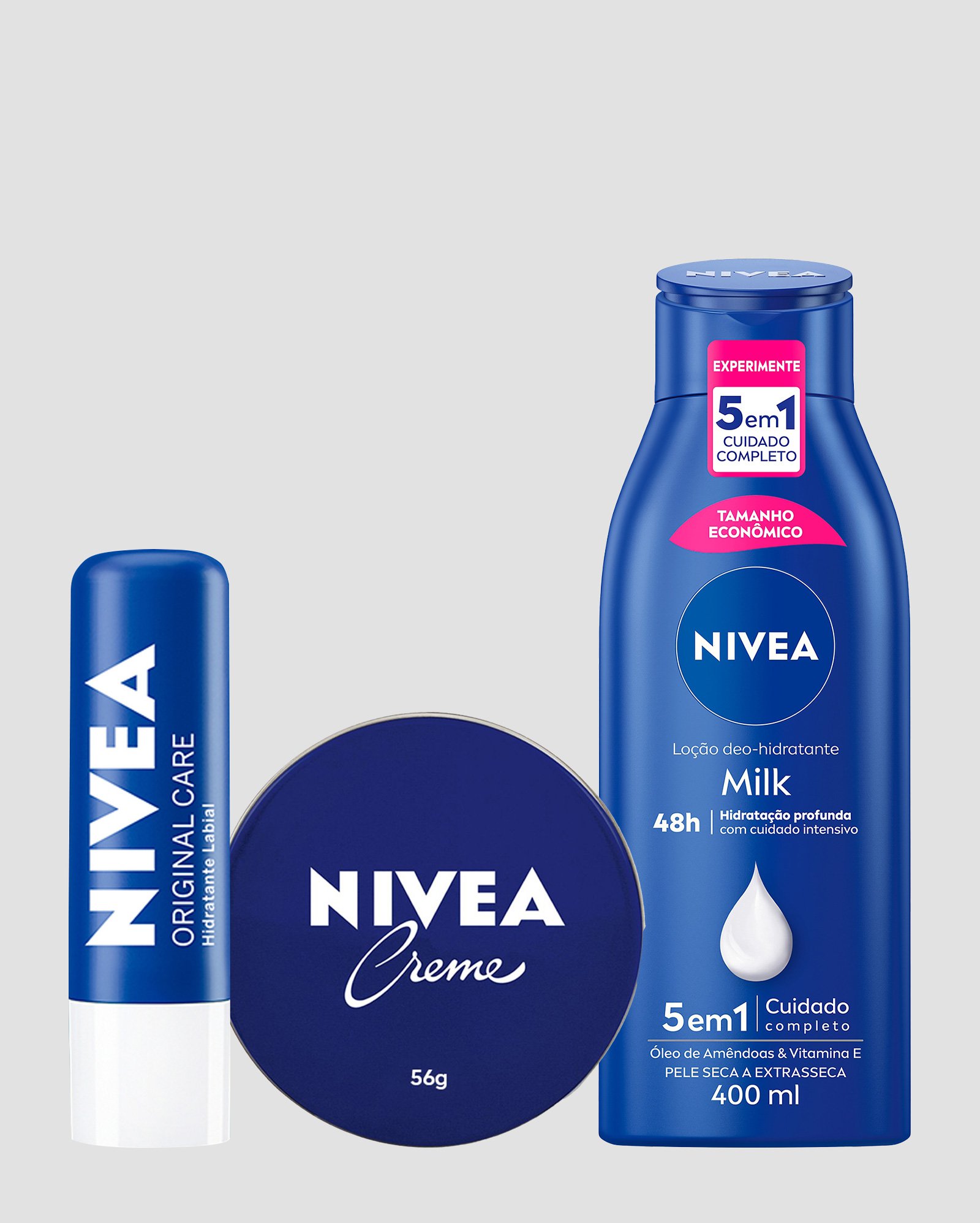 Kit creme hidratante 56g + hidratante labial 4,8g + loção hidratante Milk 400ml | Nivea