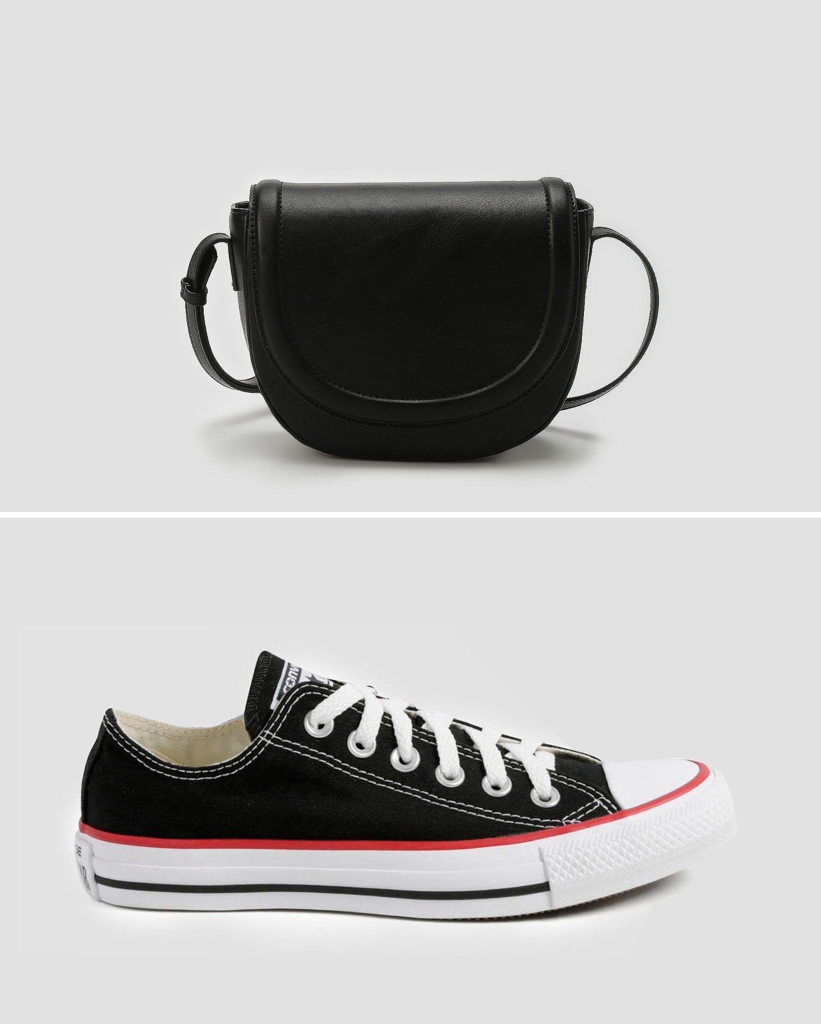 Kit tênis feminino Chuck Taylor + bolsa tiracolo de poliuretano preto | Converse All Star + Riachuelo
