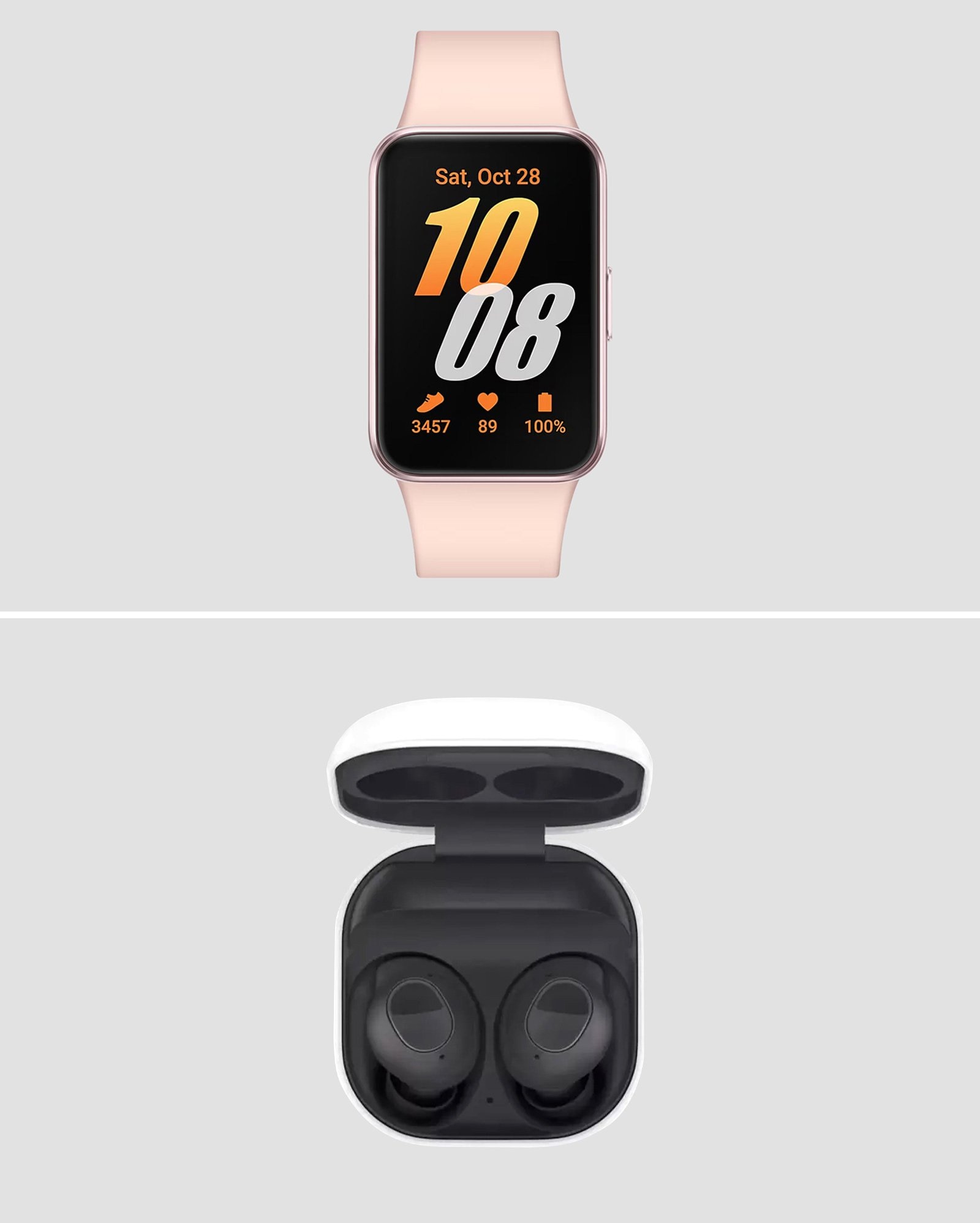 Kit smartwatch Galaxy Fit3 rosa + fone de ouvido Buds FE cinza | Samsung