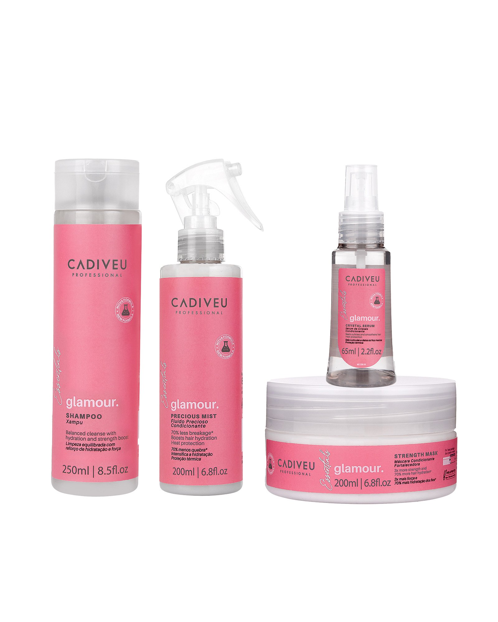 Kit shampoo 250ml + máscara 200ml + fluido 200ml + finalizador 65ml Essentials Glamour | Cadiveu