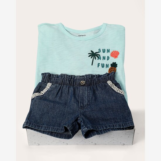 Conjunto curto infantil lettering com babados + caixa presente M | Carter's