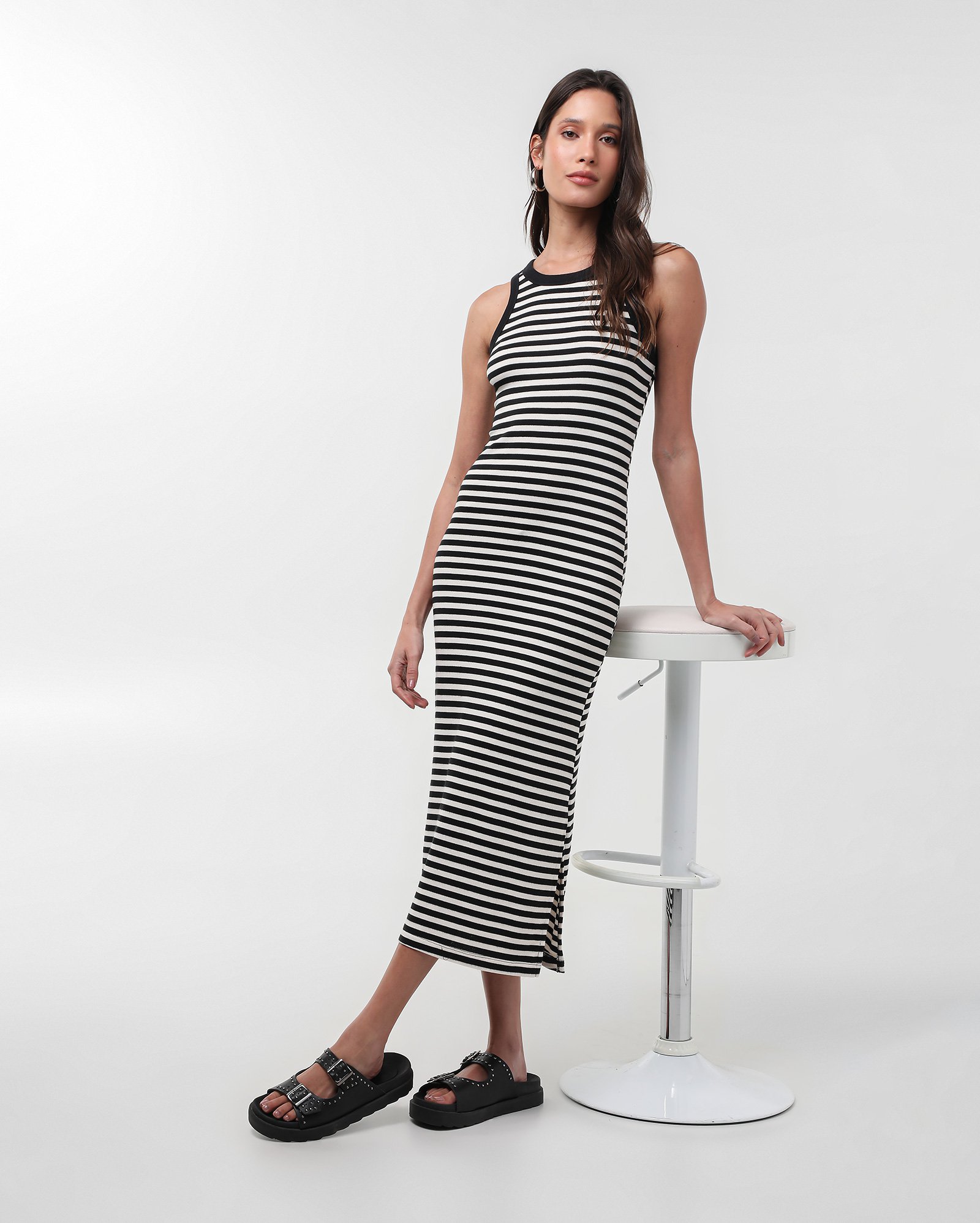 Kit vestido 2 peças midi tubinho canelado listra multicor | Pool Basics