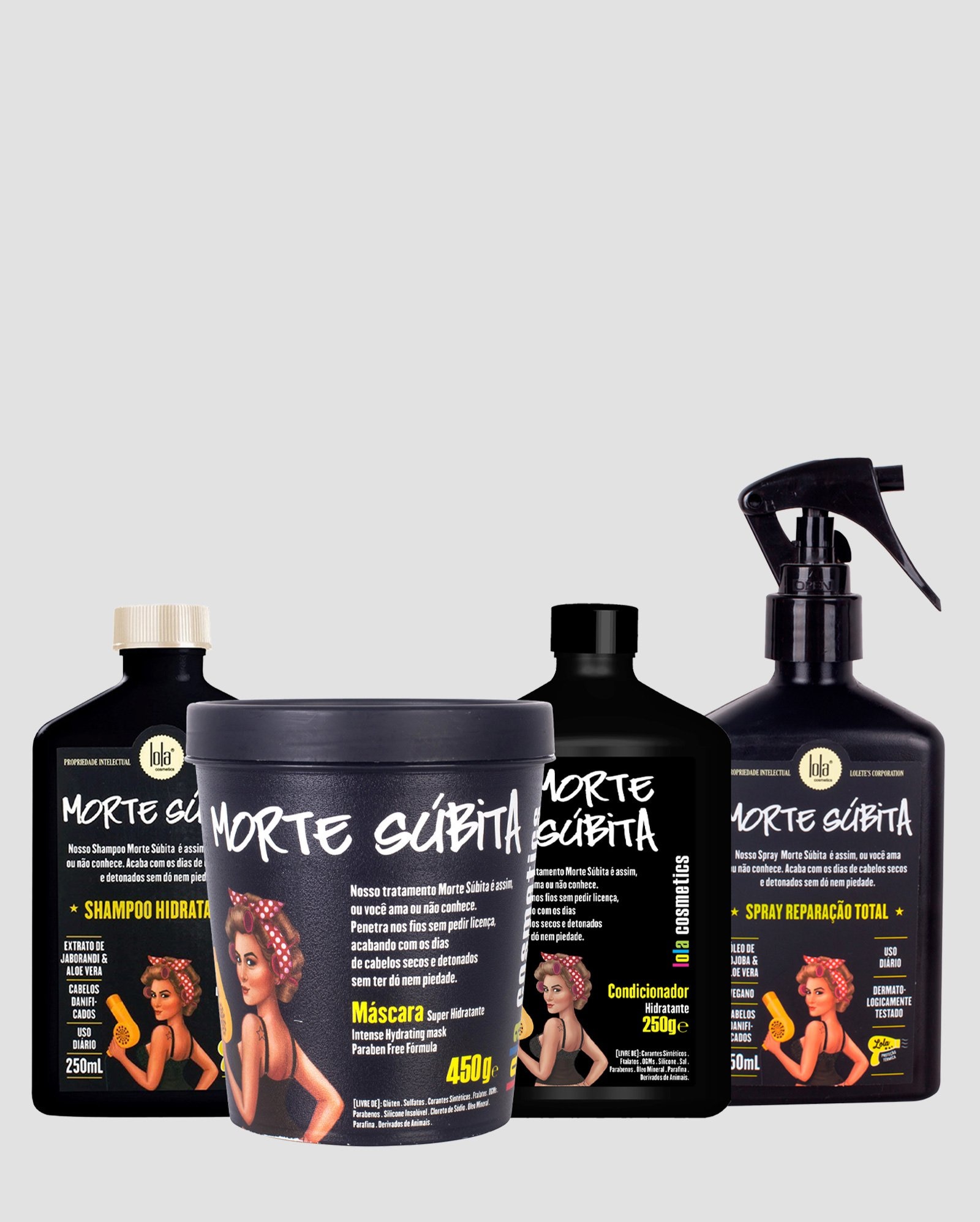 Kit shampoo Morte Súbita 250ml + condicionador 250g + máscara hidratante 450g + finalizador 250ml | Lola Cosmetics
