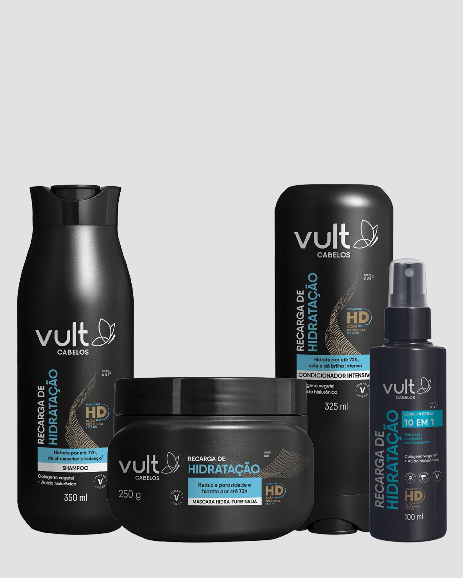 Kit shampoo recarga de hidratação 350ml + condicionador 325ml + leave-in 100ml + máscara 250g | Vult