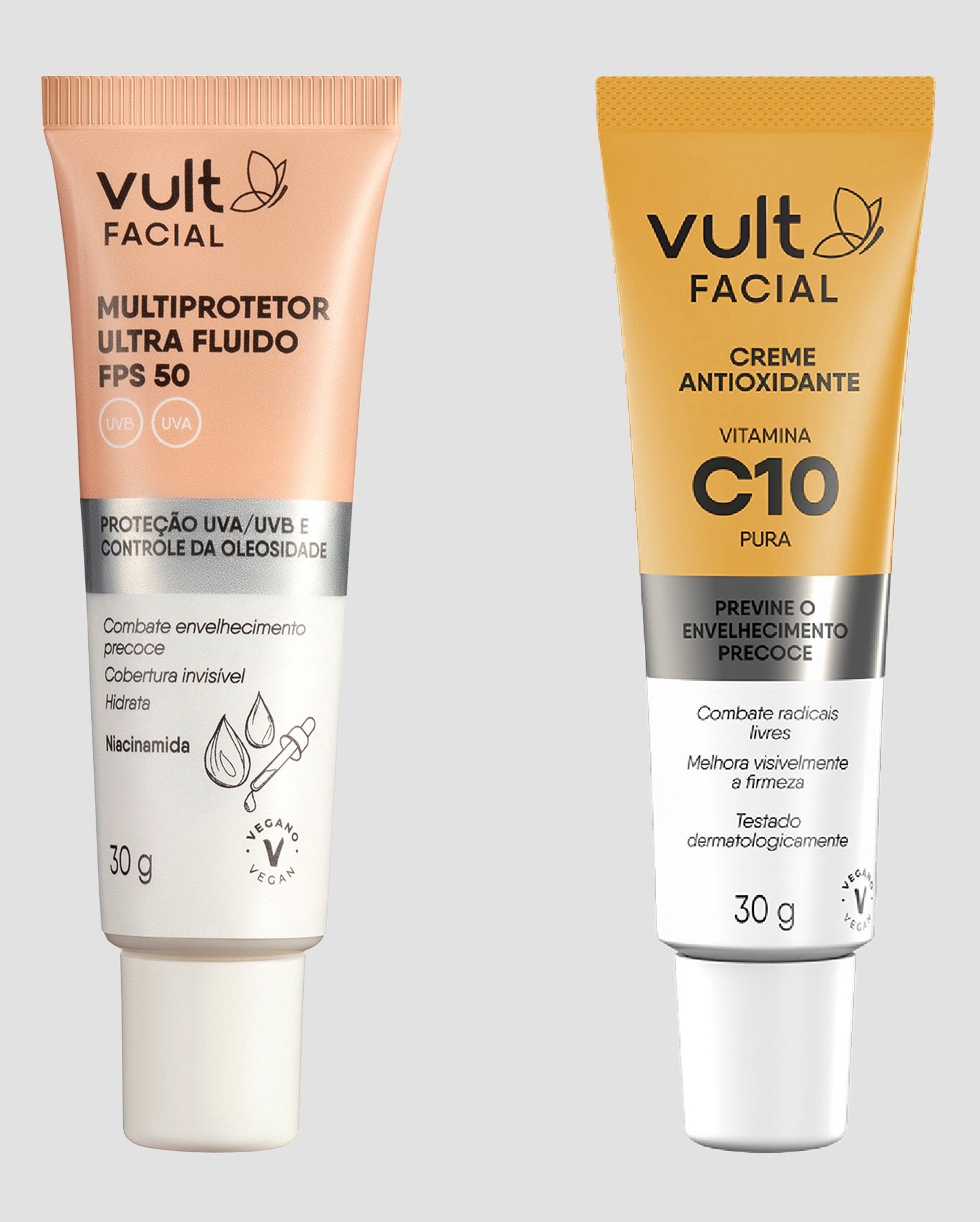 Kit protetor solar ultra fluído FPS 50 30g + creme antioxidante vitamina C10 pura 30g | Vult