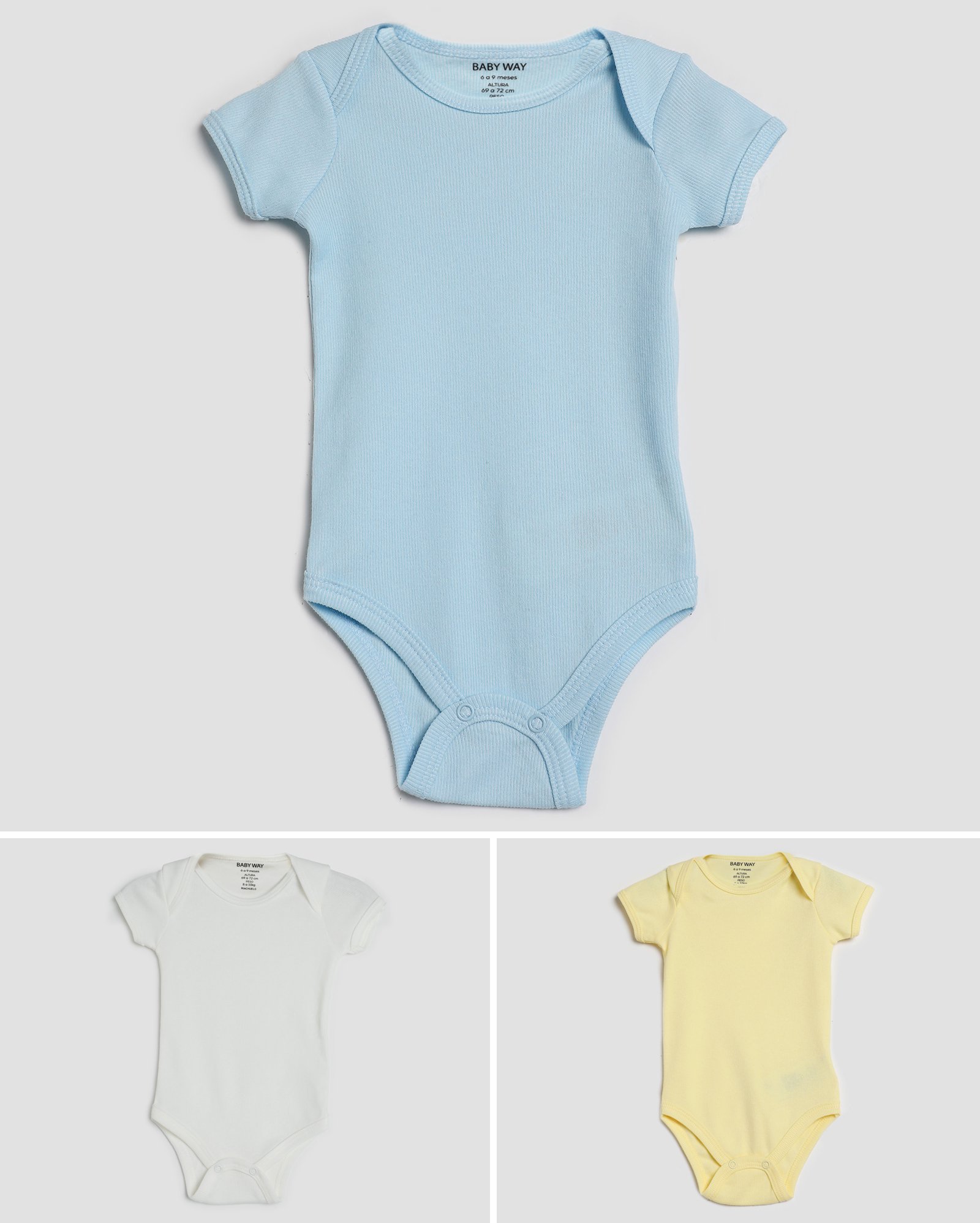 Kit body bebê 3 peças manga curta canelado multicor | Baby Way