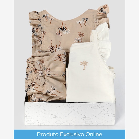 Kit conjunto curto bebê 3 peças com babados coqueiro + caixa de presente P nuvens multicor | Carter's