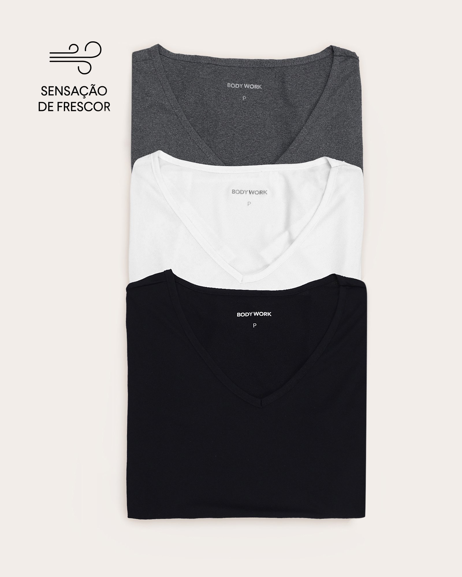 Kit camiseta esportiva feminina 3 peças de poliamida em V multicor | Body Work