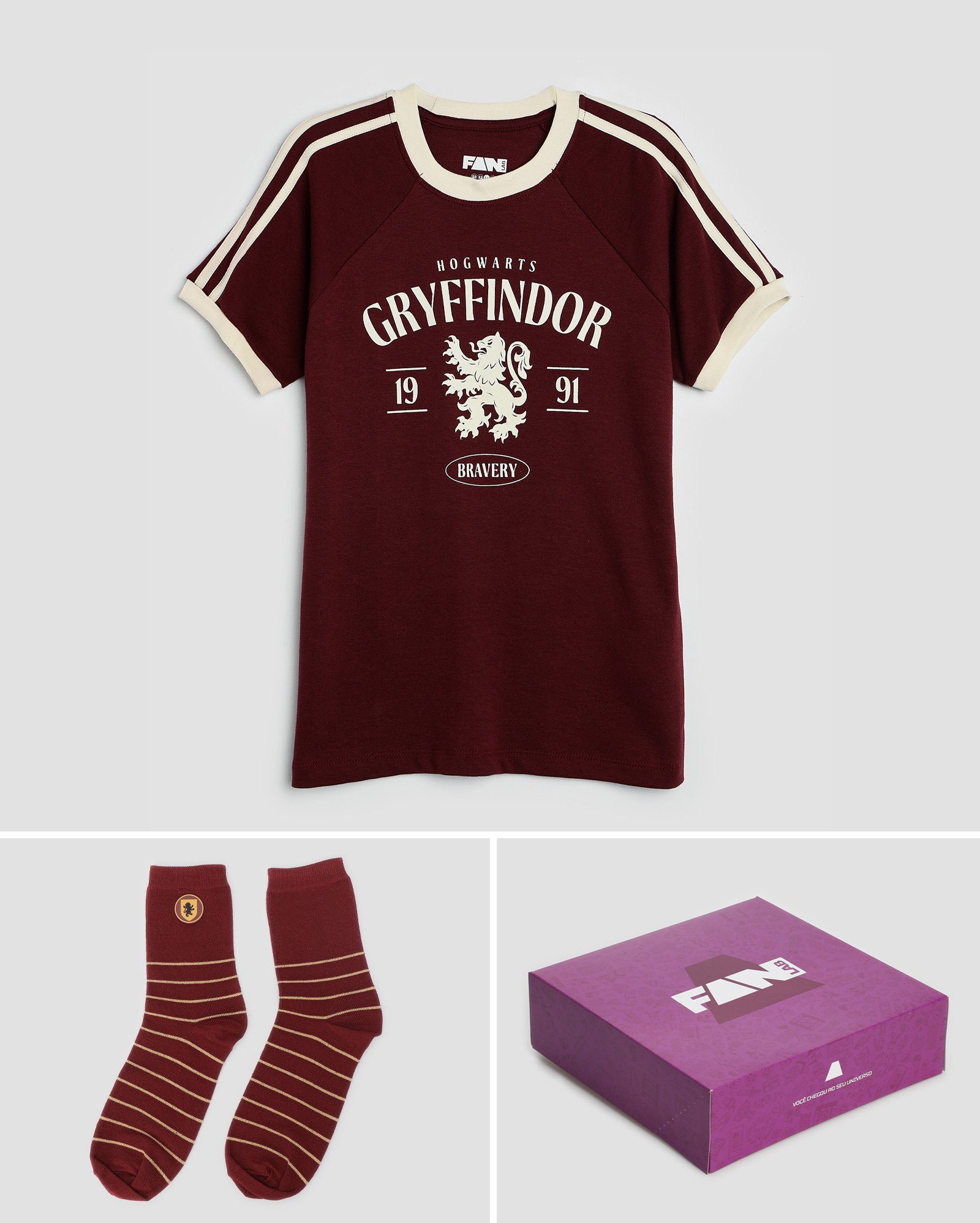 Kit camiseta juvenil + meia masculina Grifinória Harry Potter + caixa de presente multicor | FANLAB