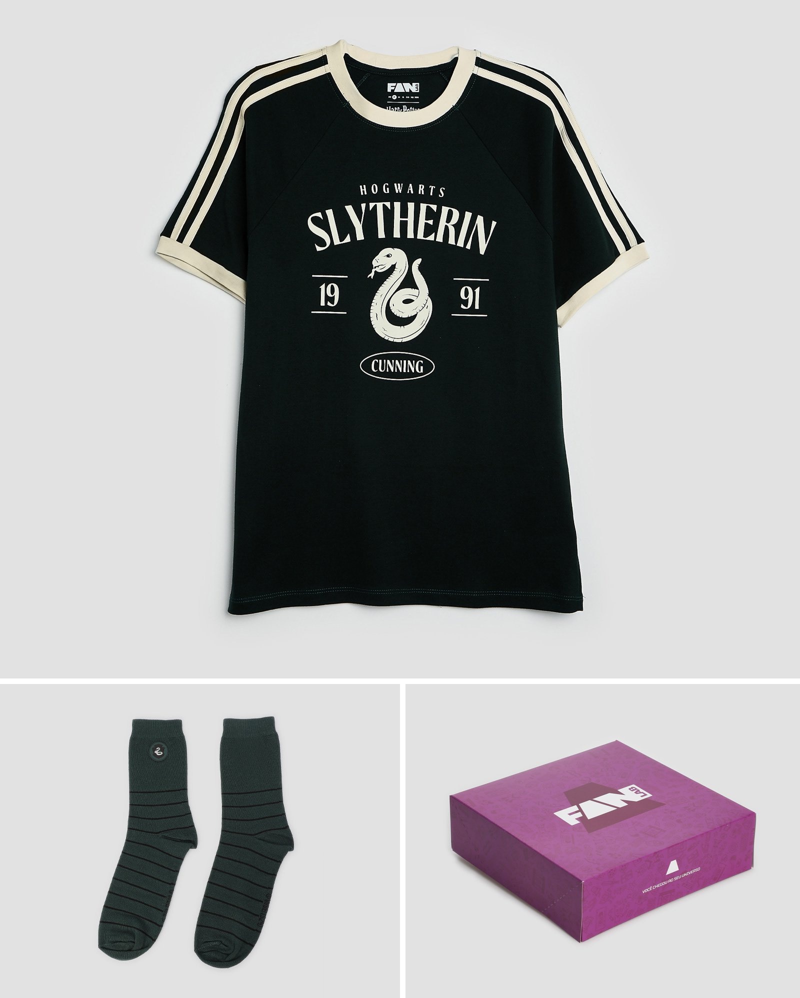 Kit camiseta + meia masculina Sonserina Harry Potter + caixa de presente multicor | FANLAB