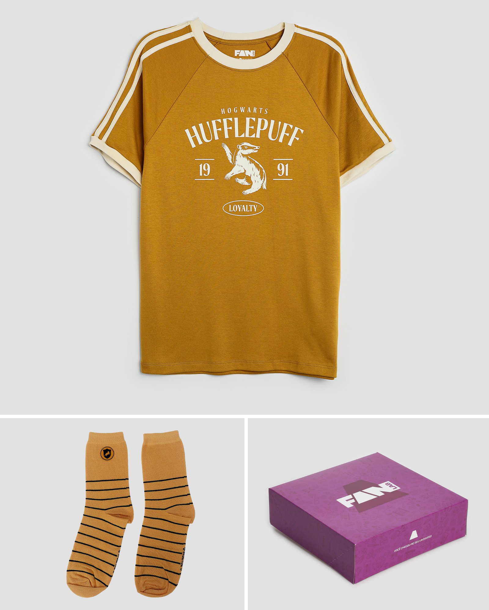 Kit camiseta + meia masculina Lufa-Lufa Harry Potter + caixa de presente multicor | FANLAB