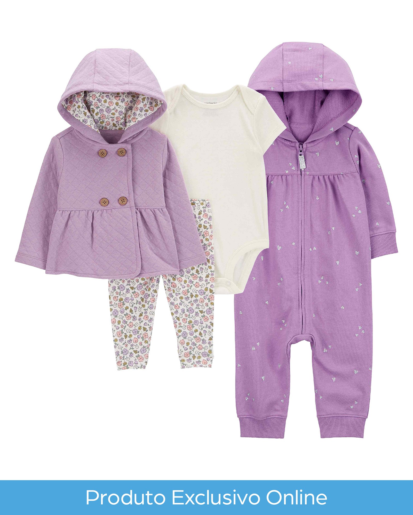 Enxoval bebê conjunto longo 4 peças floral com capuz brilhoso multicor | Carter's