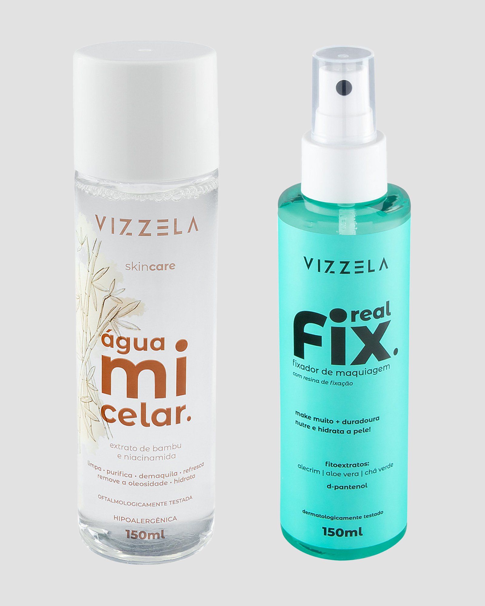 Kit água micelar extrato de bambu 150ml + fixador de maquiagem Real Fix 150ml | Vizzela Cosméticos