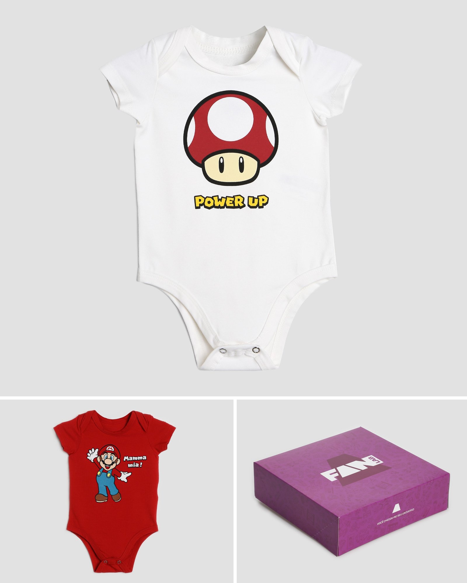 Kit body bebê 2 peças Mario Bros mushroom + caixa de presente multicor | FANLAB