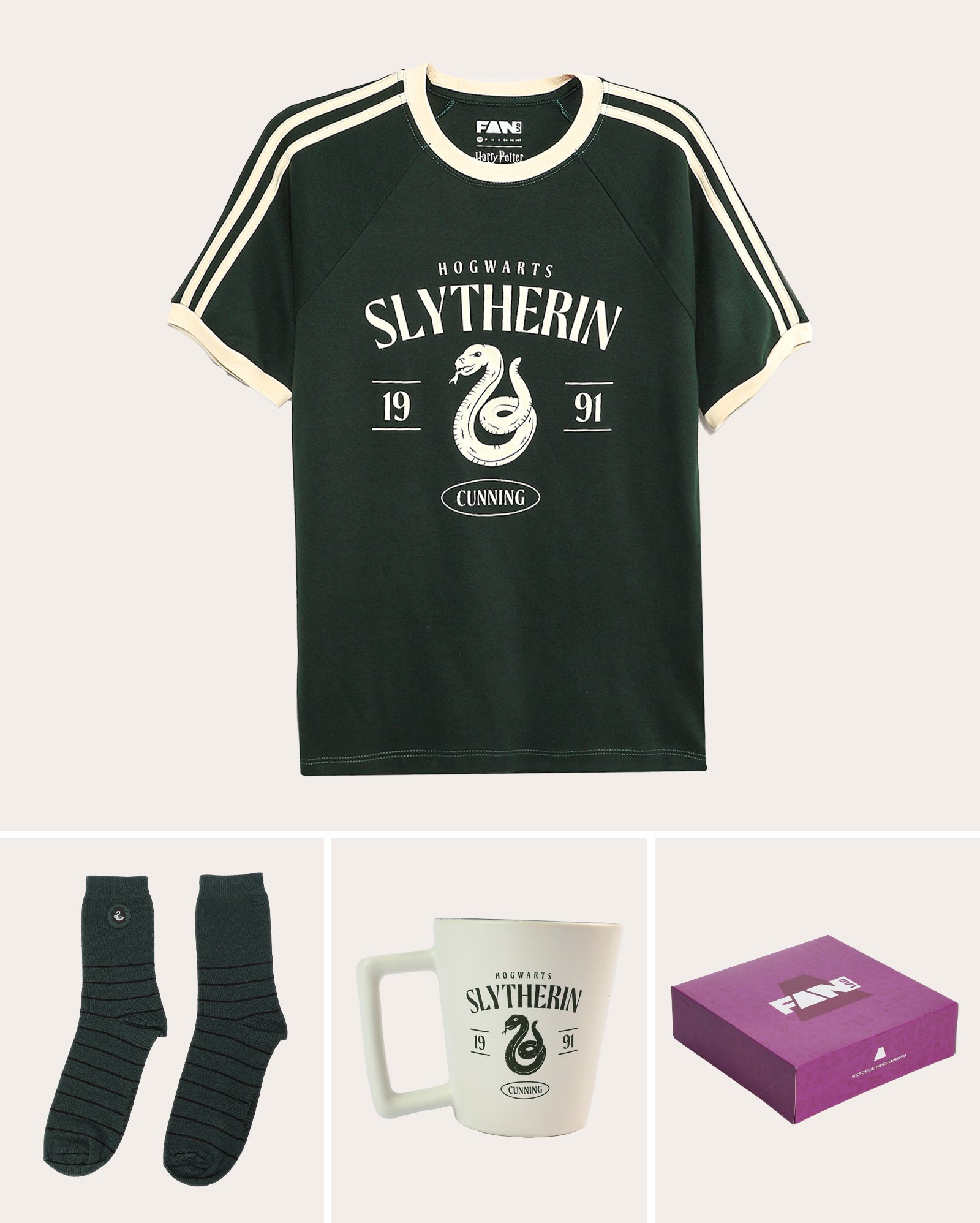 Kit camiseta + meia masculina + caneca de cerâmica Slytherin + caixa de presente multicor | FANLAB