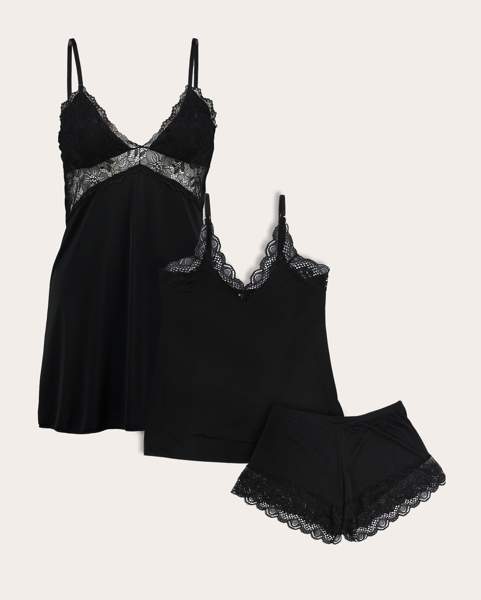 Kit short doll + camisola curta com renda preto | Riachuelo