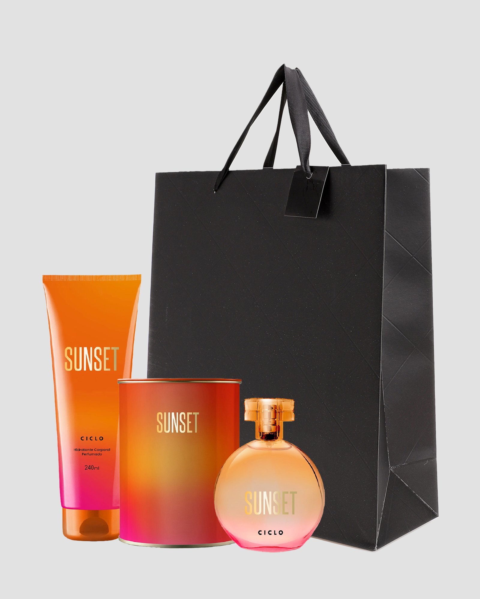 Kit deo colônia Sunset 100ml com lata + loção hidratante 240ml + sacola de presente M matelassê preta | Ciclo + Riachuelo