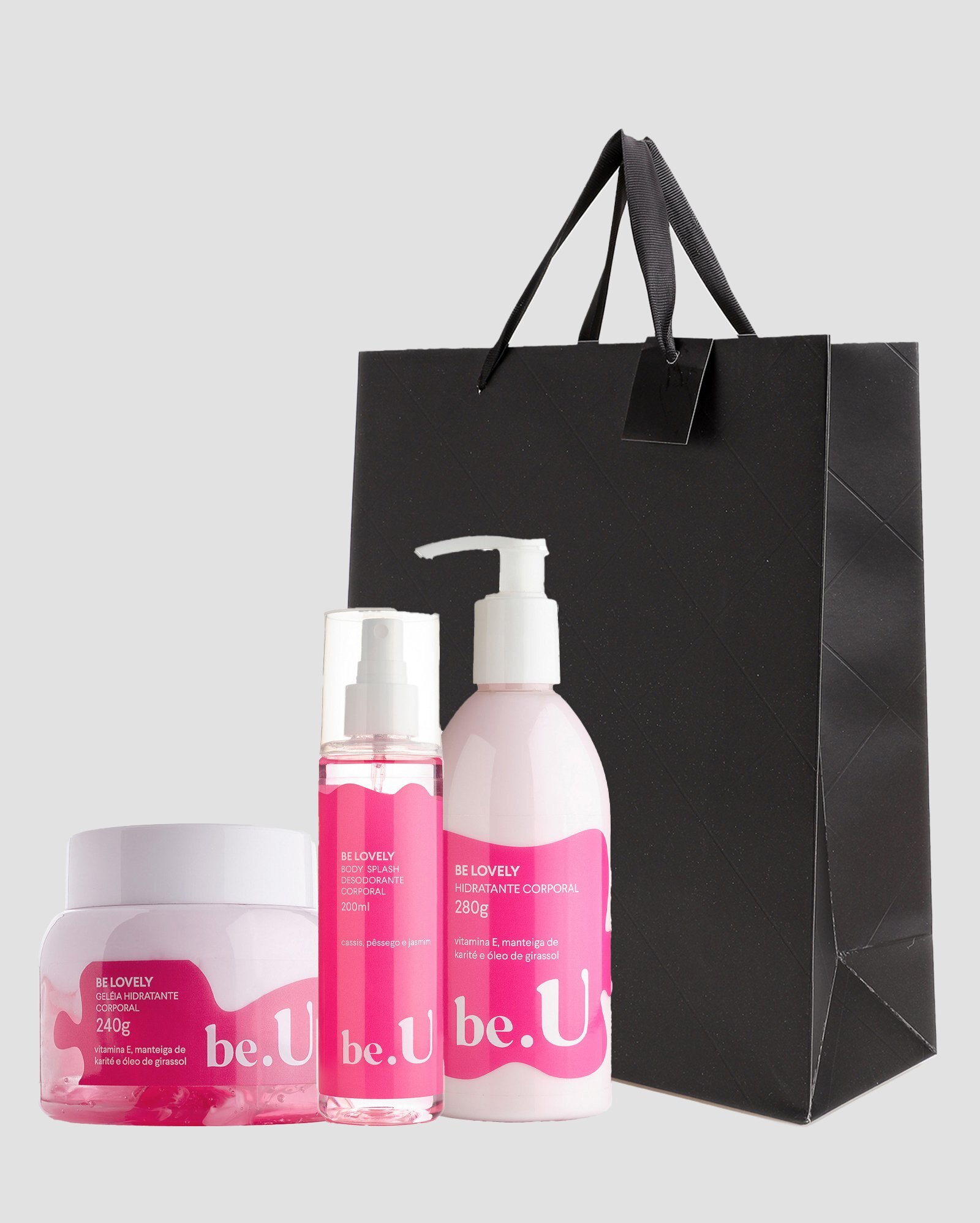 Kit body splash corporal Be Lovely 200ml + hidratante 280g + geleia 240g + sacola de presente M matelassê preta | Riachuelo