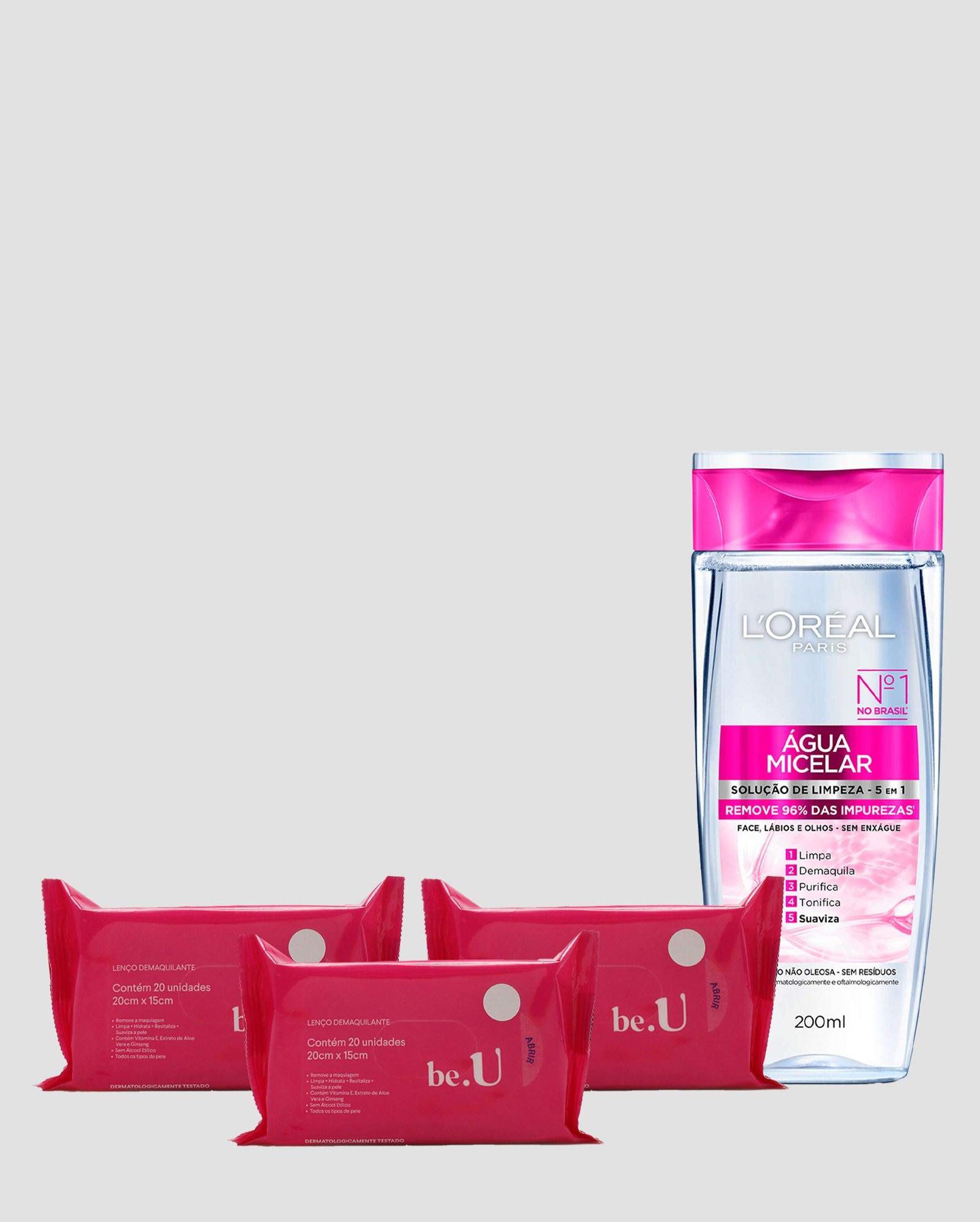 Kit lenço demaquilante 3 pacotes de 20 unidades + água micelar limpeza 5 em 1 200ml | Riachuelo + L'Oréal Paris 