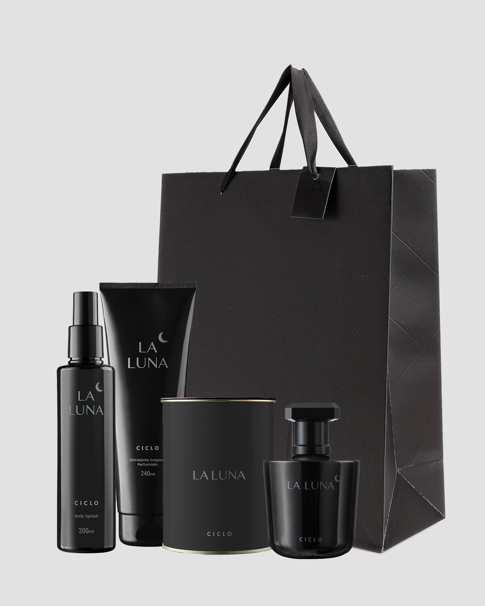 Kit deo colônia feminina La Luna 100ml + lata + body splash 200ml + loção hidratante 240ml + sacola de presente M matelassê preta | Ciclo + Riachuelo