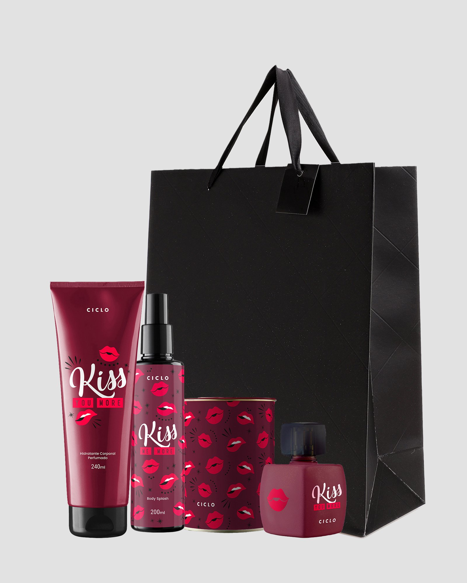 Kit deo colônia feminina Kiss You More + lata + body splash 200ml + hidratante corporal 240ml + sacola de presente M matelassê preta | Ciclo + Riachuelo