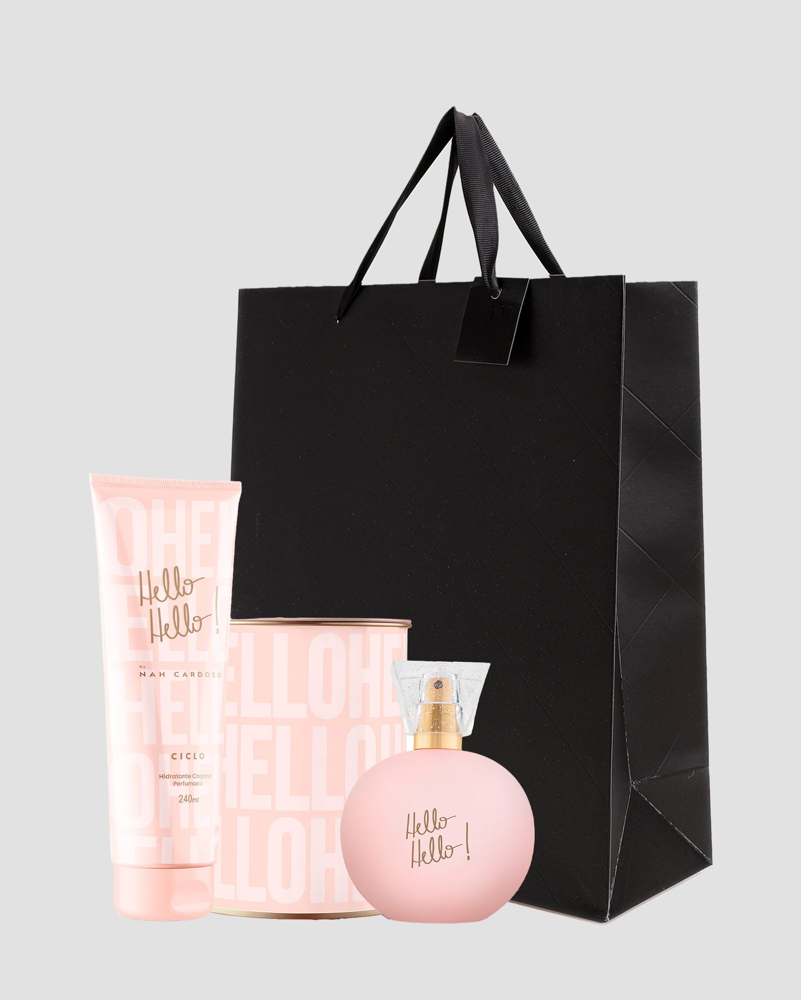 Kit deo colônia feminina Hello Hello Nah Cardoso 100ml + hidratante corporal 240ml + sacola de presente M matelassê preta | Ciclo + Riachuelo