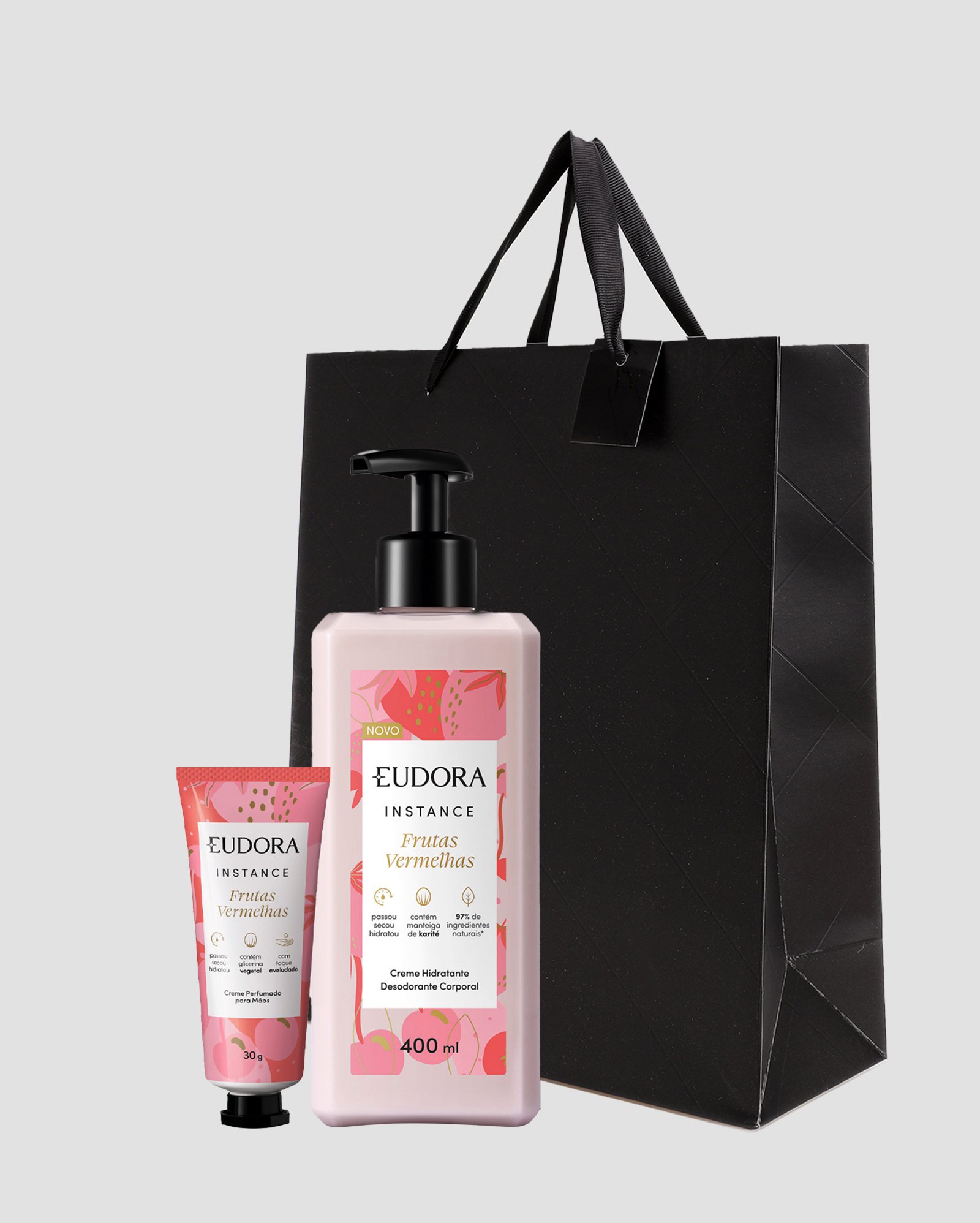Kit creme para mãos frutas vermelhas Instance 30g + creme corporal 400ml + sacola de presente M matelassê preta | Eudora + Riachuelo