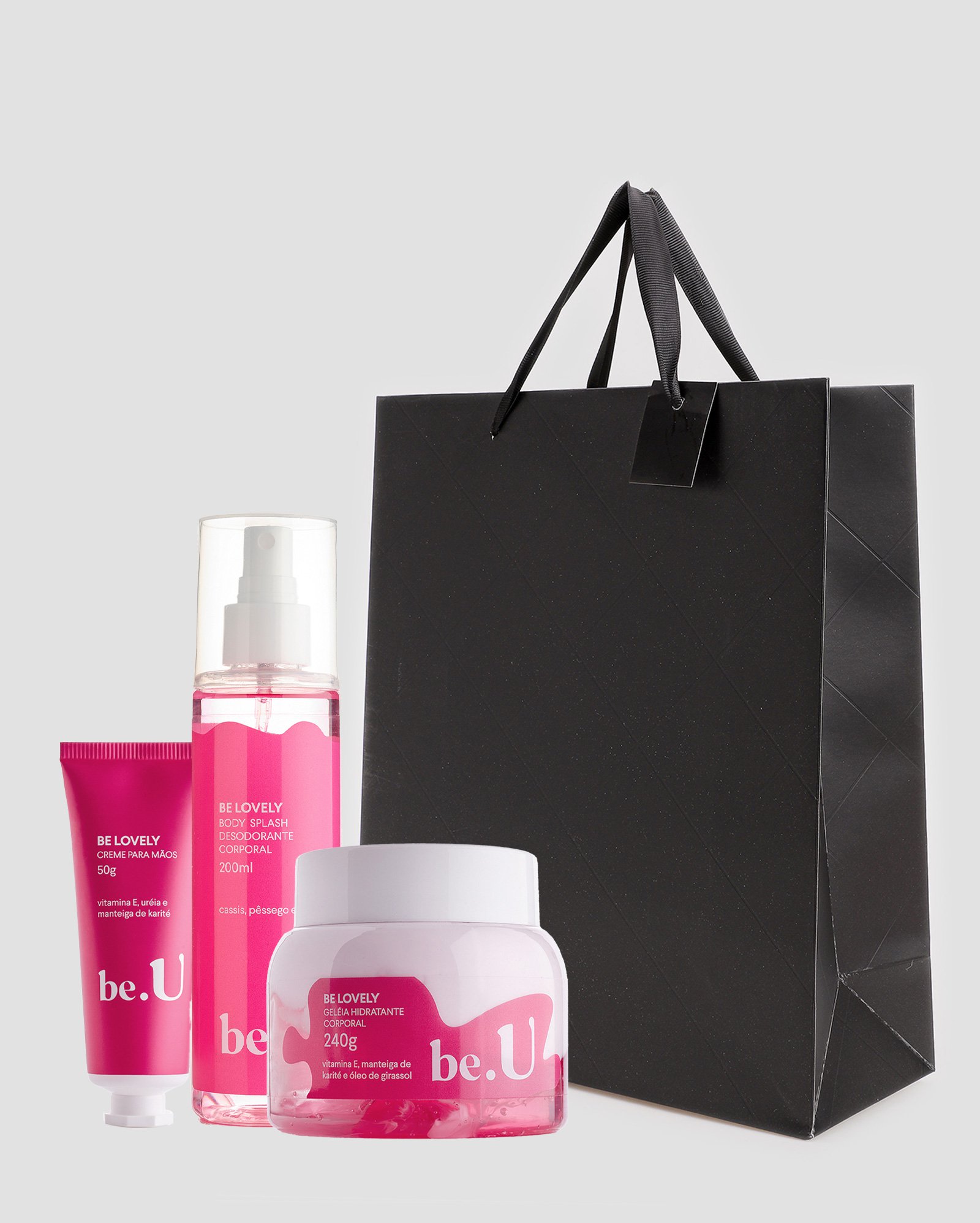 Kit creme para mãos Be Lovely 50g + body splash 200ml + geleia hidratante 240g + sacola de presente M matelassê preta | Riachuelo