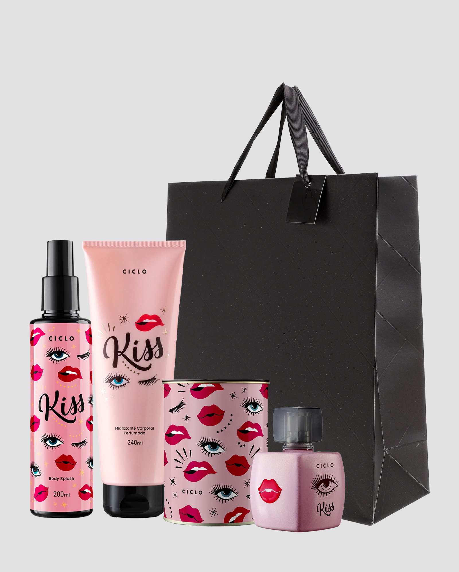 Kit deo colônia feminina Kiss 100ml + hidratante corporal 240ml + body splash 240ml + sacola de presente M matelassê preta | Ciclo + Riachuelo