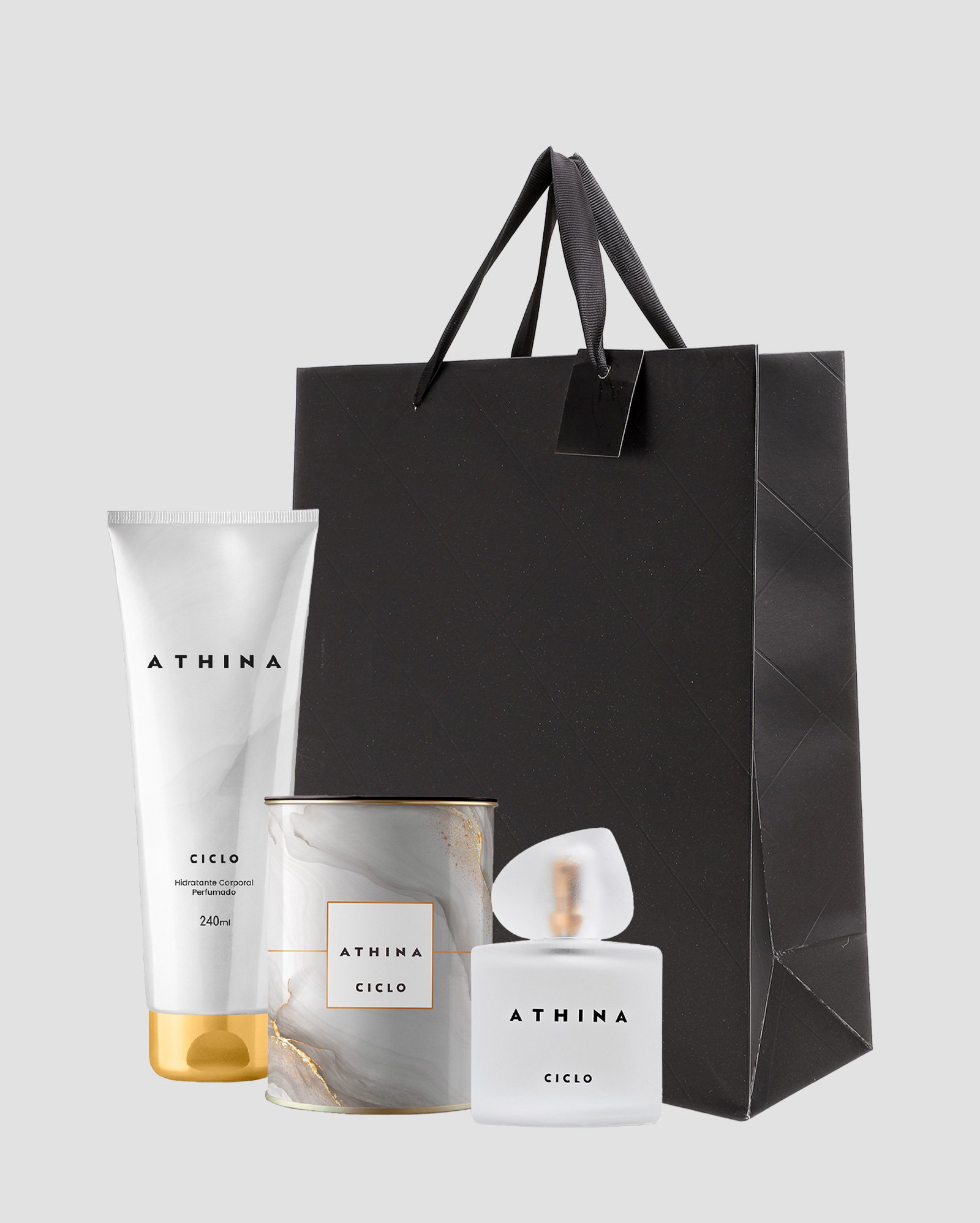 Kit deo colônia feminina Athina 100ml + loção hidratante 240ml + sacola de presente M matelassê preta | Ciclo + Riachuelo