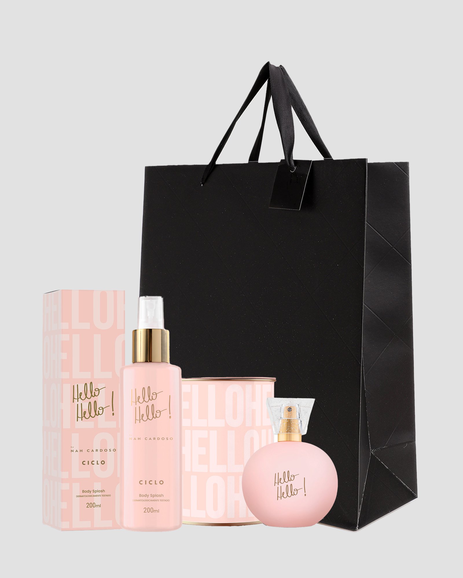 Kit deo colônia feminina Hello Hello Nah Cardoso 100ml + body splash 200ml + sacola de presente M matelassê preta | Ciclo + Riachuelo