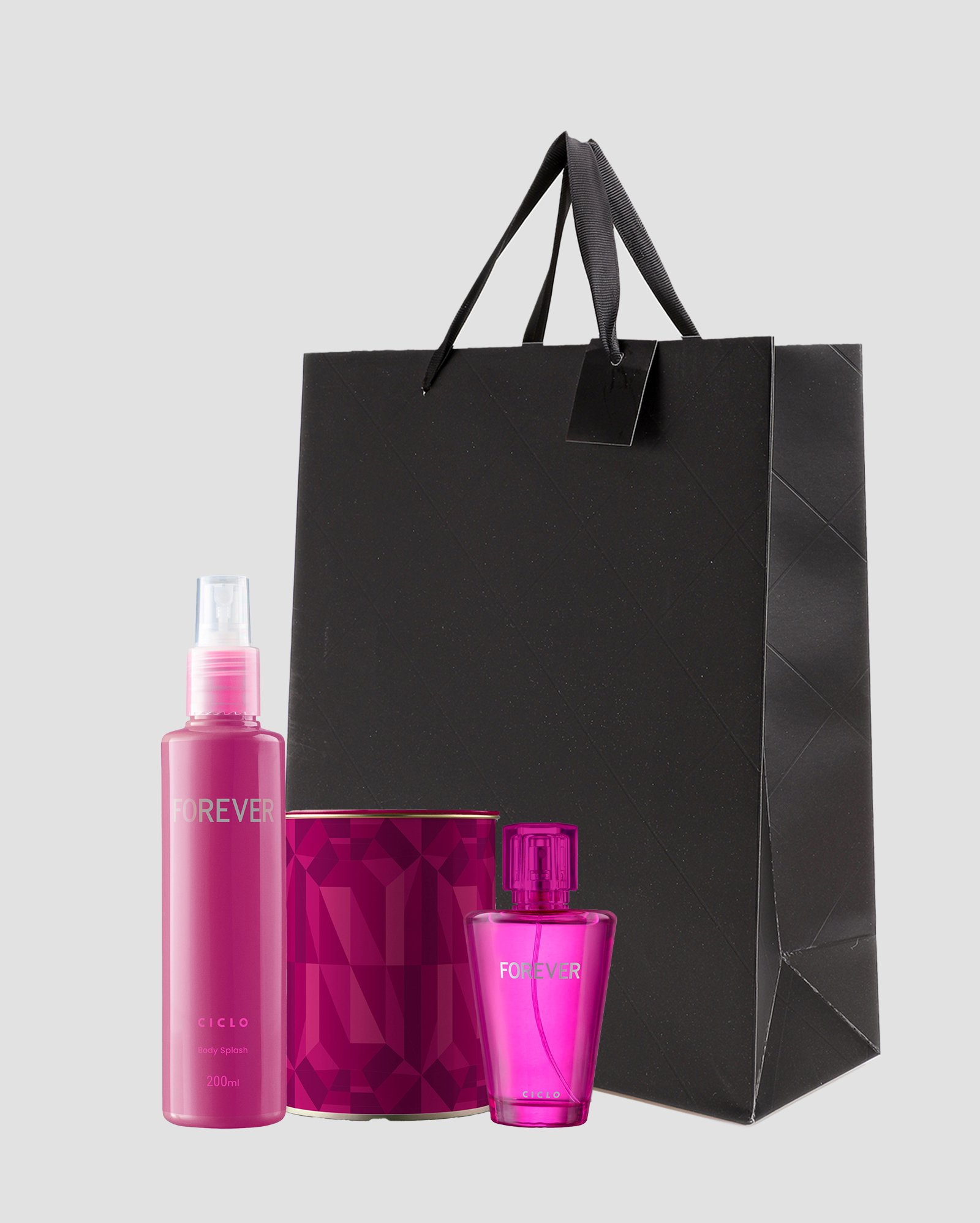 Kit deo colônia feminina Forever 100ml + lata + body splash 200ml + sacola de presente M matelassê preta | Ciclo + Riachuelo