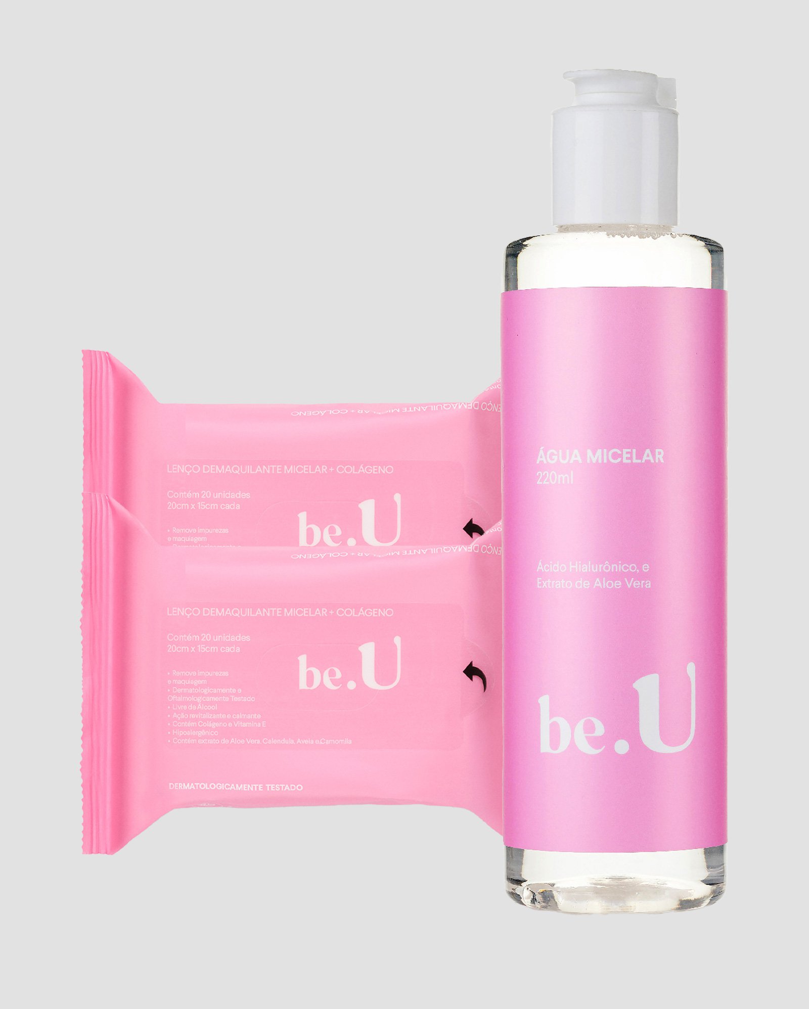 Kit água micelar ácido hialurônico aloe vera 220ml + lenço demaquilante micelar e colágeno 40 unidades | be.U by Riachuelo