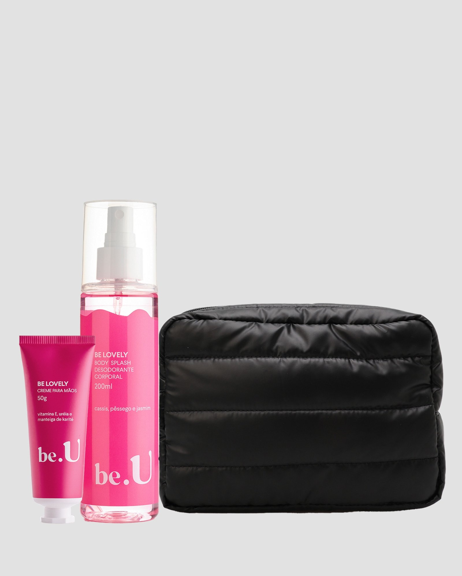 Kit creme para mãos be lovely 50g + body splash 200ml + necessaire com alça com relevo preta | Riachuelo