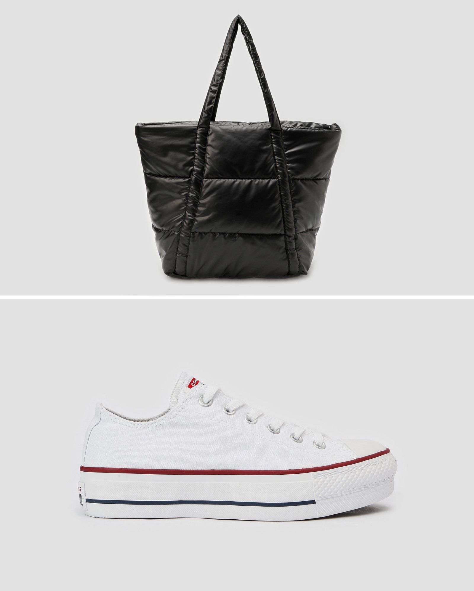 Kit bolsa feminina tote puffer preta BodyWork by Riachuelo + tênis feminino Chuck Taylor flatform branco Converse All Star
