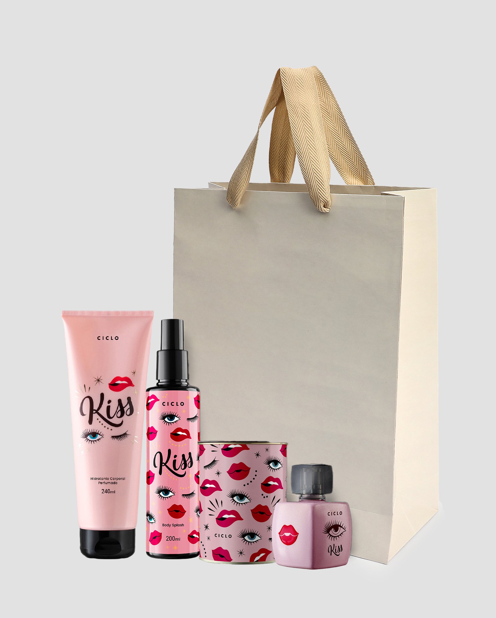 Kit deo colônia feminina 100ml e hidratante 240ml e body splash Kiss 100ml Ciclo + sacola de presente M lisa bege Accessori by Riachuelo
