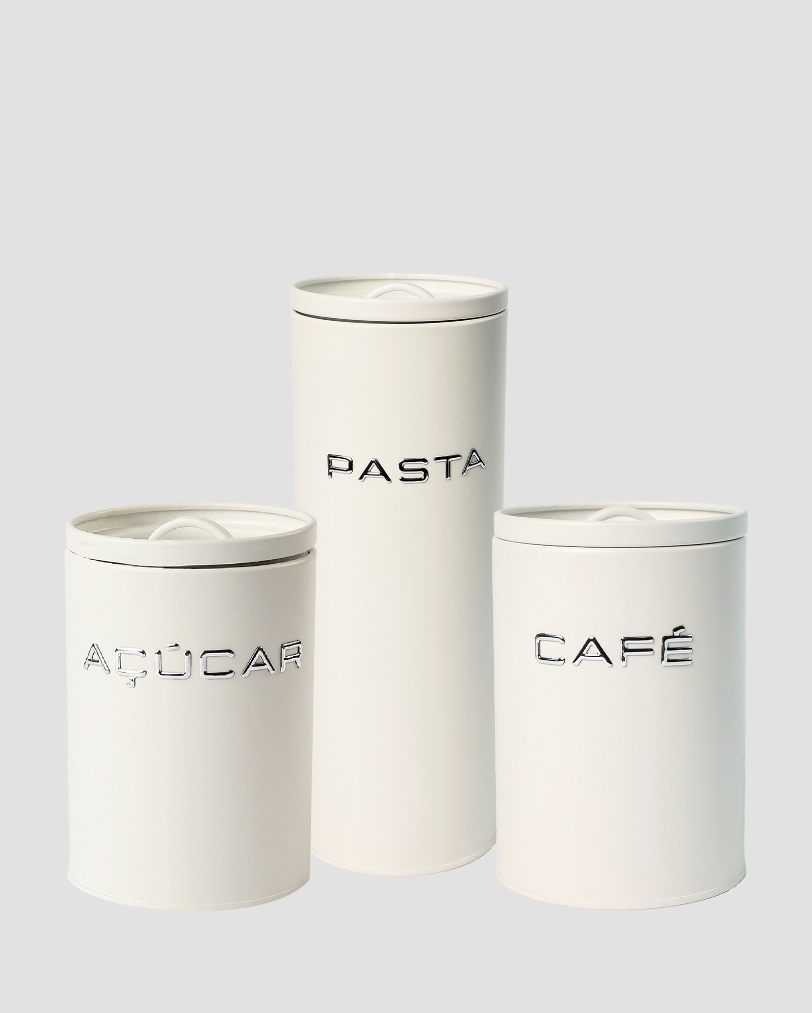 Kit lata de açúcar 17x11cm + lata de café 17x11cm + lata para pasta 32x11cm Vintage branco | Casa Riachuelo