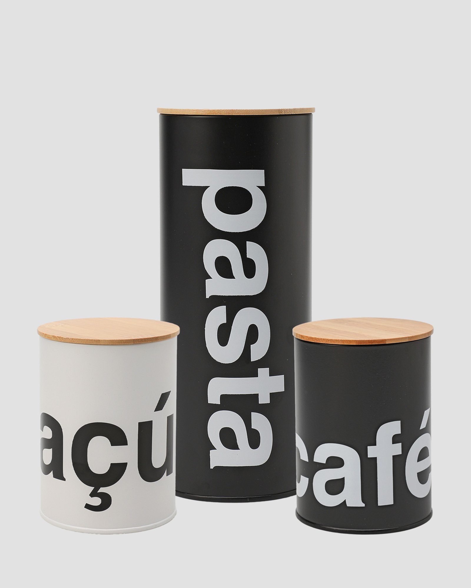 Kit lata de açúcar 11x15cm + lata de café 11cm x 15cm + lata para pasta 11x27cm aço e bambu multicor | Casa Riachuelo
