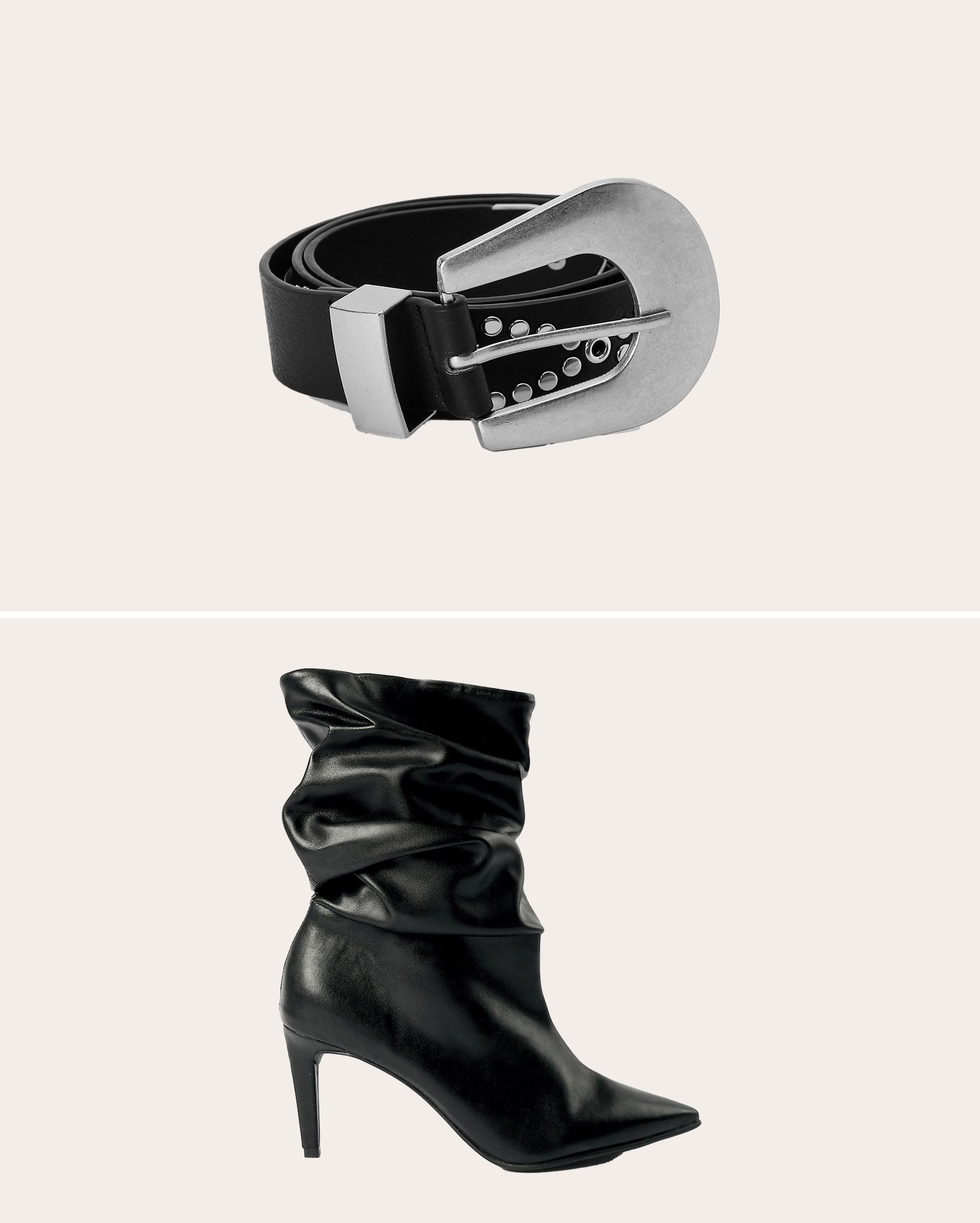 Kit cinto feminino médio com tachas + bota bico e salto fino drapeada preta | Riachuelo