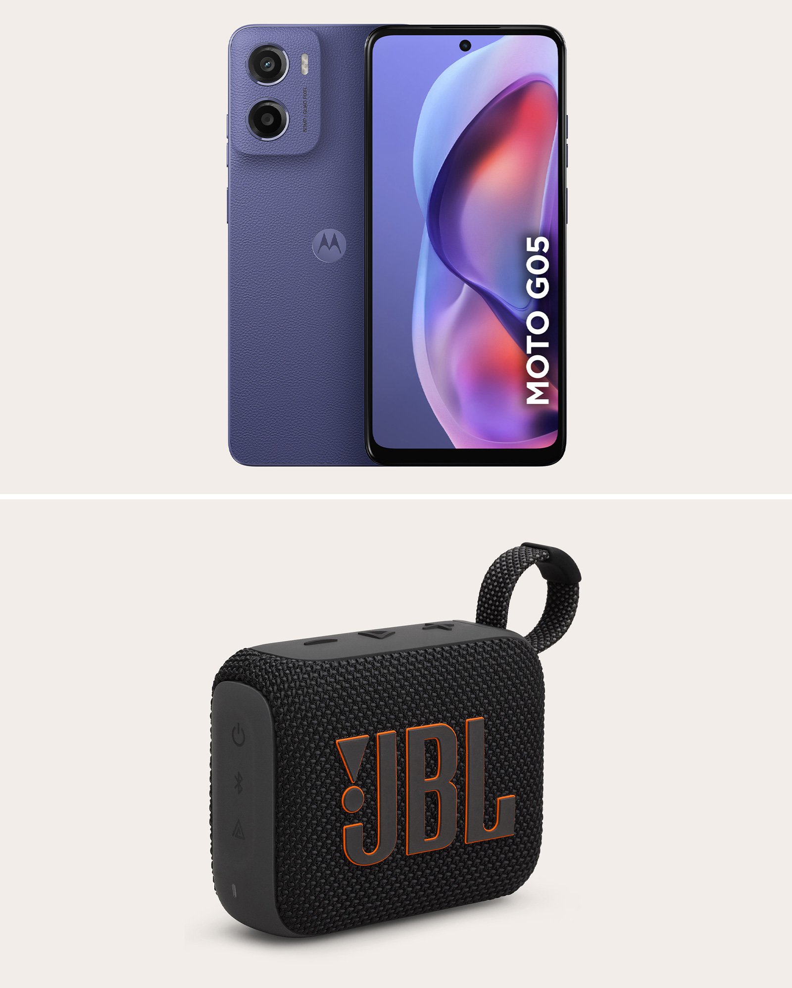 Kit smartphone moto g05 4G 128GB 12GB violeta Motorola + caixa de som Go 4 com bluetooth preta JBL