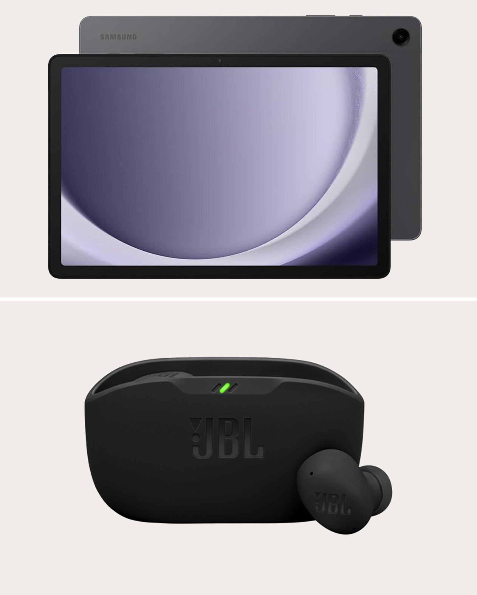 Kit tablet Galaxy Tab A9+ 5G grafite Samsung + fone de ouvido Wave Buds 2 preto JBL