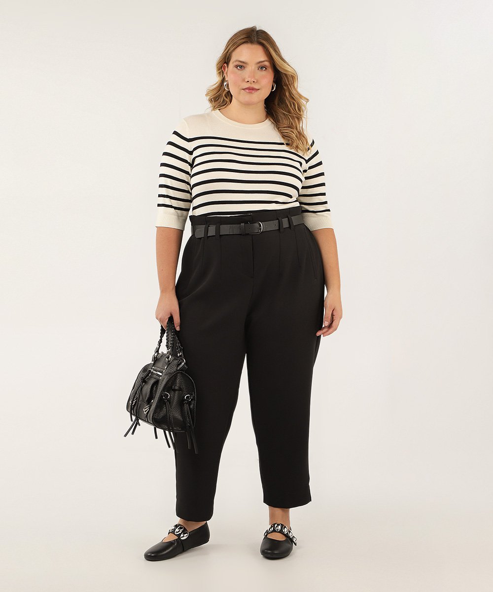 Kit Calça Plus Size Feminina 2 Peças Alfaiataria Luka com Cinto - Preto e Cinza Mescla