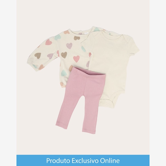Enxoval bebê conjunto longo 3 peças canelado corações + caixa de presente P nuvens multicor | Carter's