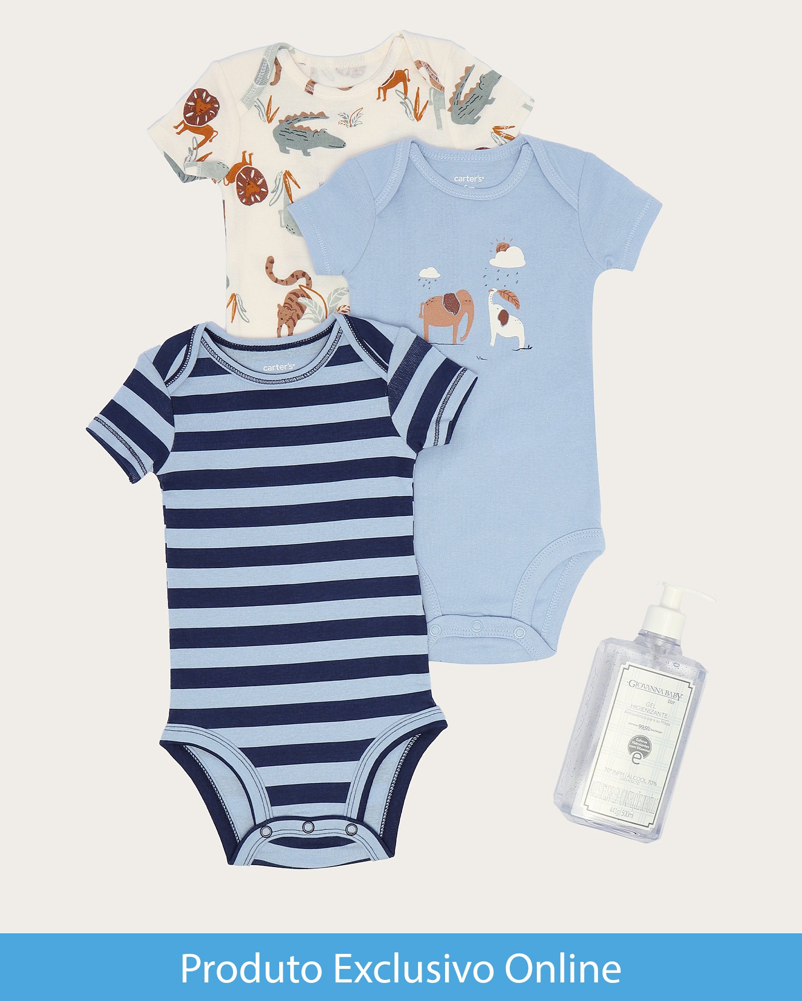 Enxoval bebê body 3 peças leão elefante multicor e caixa de presente M branca Carter's + gel higienizante GB Blue 500ml Giovanna Baby