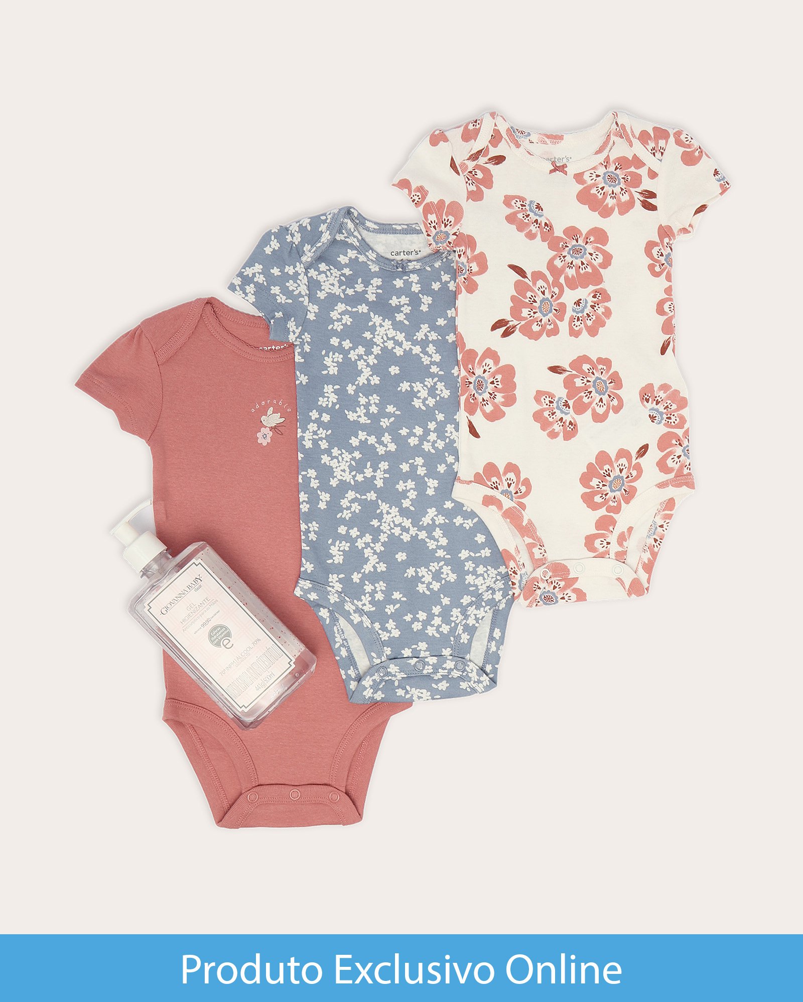 Enxoval bebê body 3 peças manga curta pássaro floral multicor e caixa de presente M branca Carter's + gel higienizante GB Classic 500ml Giovanna Baby